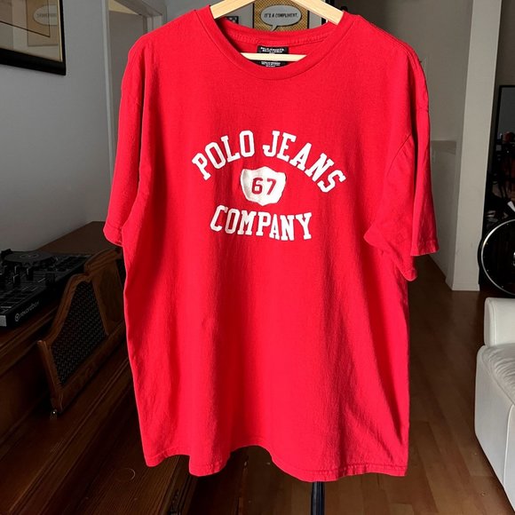 VINTAGE POLO JEANS RALPH LAUREN MENS T SHIRT SIZE LARGE 90S Y2K HYPE STREETWEAR - Picture 1 of 4